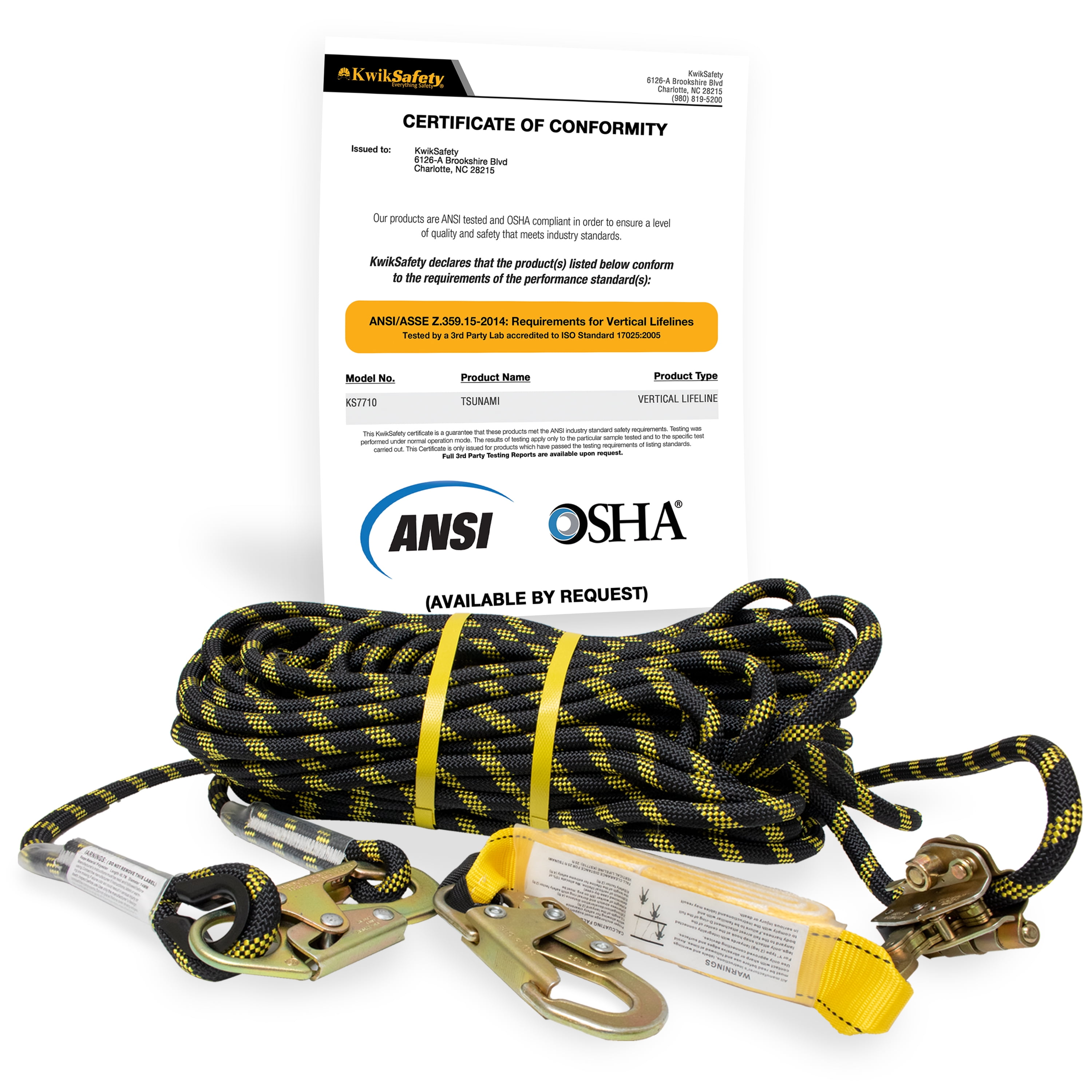 KwikSafety (Charlotte, NC) TSUNAMI (Premium BRAIDED ROPE) Vertical Lifeline  ANSI OSHA Rope Grab Snap Hook Shock Absorber Fall Protection Line Kit  Restraint System Roofing Safety Equipment