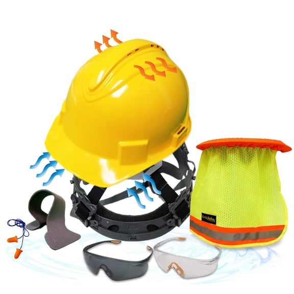 KwikSafety (Charlotte, NC) TURTLE SHELL COMBO (10 Vents) Standard Cap ANSI Hard Hat, Safety Glasses, Sunshade, Sweatband & Earplugs Construction Work PPE, Type1, Class C, YELLOW
