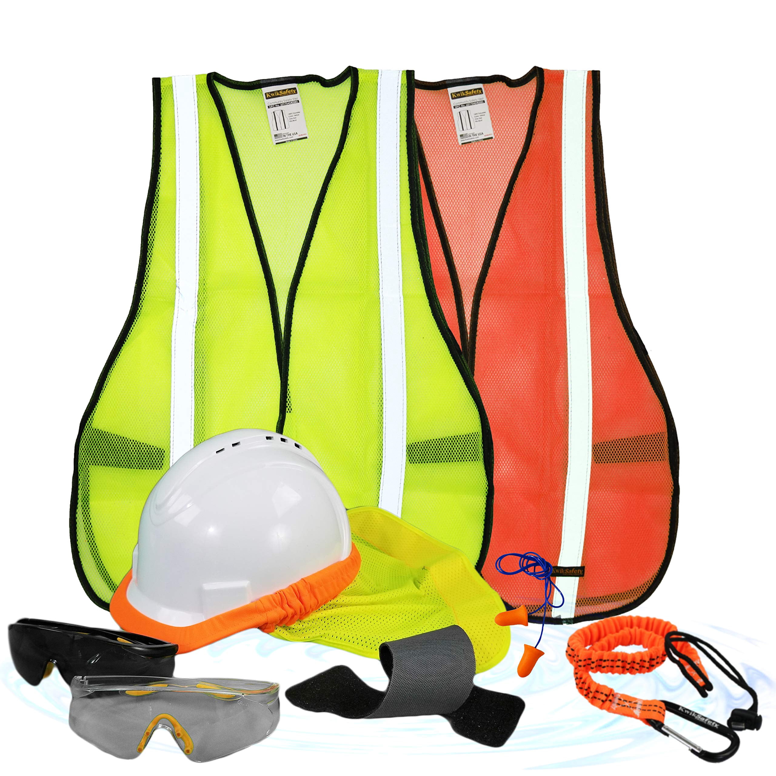 KwikSafety (Charlotte, NC) TURTLE SHELL VEST KIT (10 Vents) Standard Cap ANSI Hard Hat, Safety Glasses, Vests, Tool Lanyard, Sunshade, Sweatband, Earplugs Construction Gear, Type1, Class C, WHITE