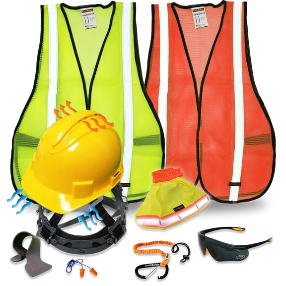 KwikSafety (Charlotte, NC) TURTLE SHELL VEST KIT (10 Vents) Standard Cap ANSI Hard Hat, Safety Glasses, Vests, Tool Lanyard, Sunshade, Sweatband, Earplugs Construction Gear, Type1, Class C, YELLOW