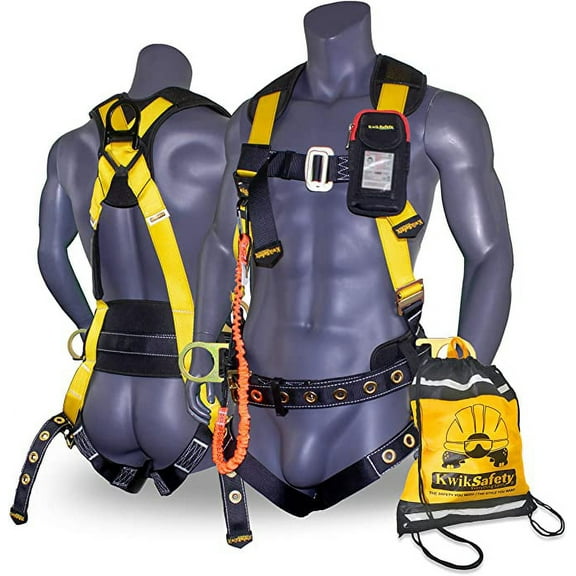 KwikSafety (Charlotte, NC) TYPHOON (1 PACK) ANSI Fall Protection Full Body Safety Harness Personal Protective Equipment Dorsal Ring Side D-Rings Grommet Leg Straps Tool Lanyard Bolt Pouch Construction