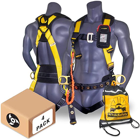 KwikSafety (Charlotte, NC) TYPHOON (4 PACK) ANSI Fall Protection Full Body Safety Harness Personal Protective Equipment Dorsal Ring Side D-Rings Grommet Leg Straps Tool Lanyard Bolt Pouch Construction