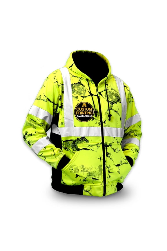 KwikSafety (Charlotte, NC) UNCLE WILLY'S WALL Safety Jacket (LIMITED EDITION Pattern) Class 3 Hi Visibility Water Resistant ANSI OSHA High Vis Reflective Hoodie Winter Gear Men | Yellow Medium
