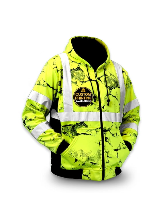 KwikSafety (Charlotte, NC) UNCLE WILLY'S WALL Safety Jacket (LIMITED EDITION Pattern) Class 3 Hi Visibility Water Resistant ANSI OSHA High Vis Reflective Hoodie Winter Gear Men | Yellow Medium