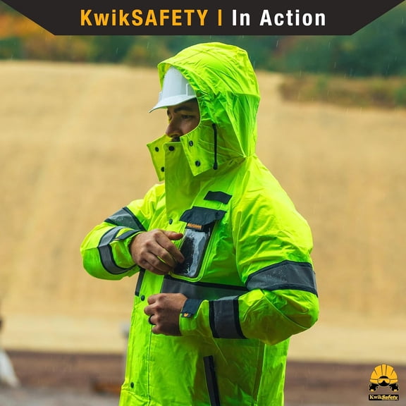 KwikSafety - TORRENT Rain Jacket & Trench Coat - ANSI OSHA Class 3 High Visibility Jacket