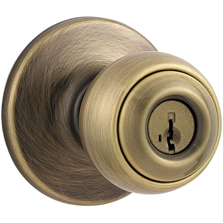 Kwikset 400P-S Polo Single Cylinder Keyed Entry Lever Set with Round Rose and SmartKey - Antique Brass