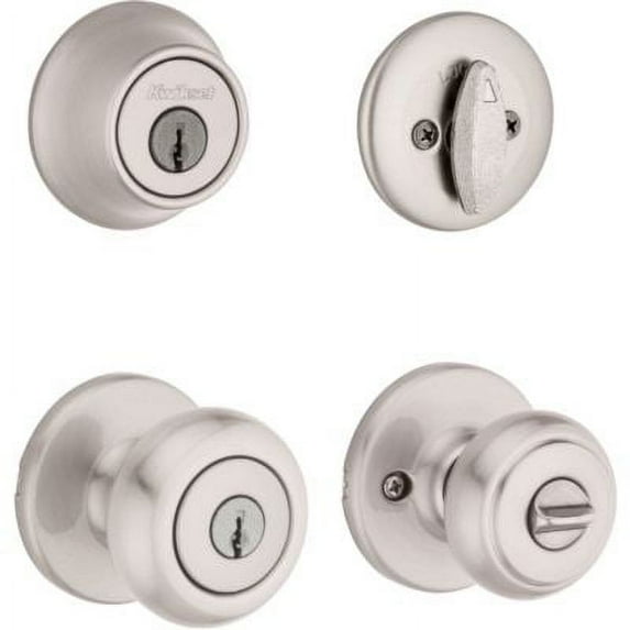Kwikset 690 Cove Keyed Entry Knob and Sgl Cyl Deadbolt Combo Pack in SN