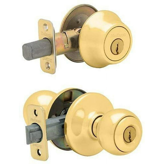 Kwikset Polo Entry Knob and Single Cylinder Deadbolt Combo Pack - Adjustable Metal - Polished Brass