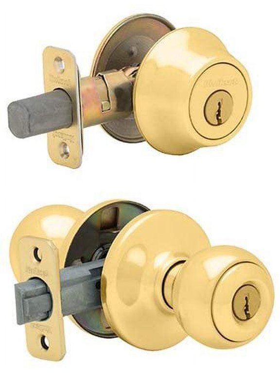 690 Polo Entry Knob and Single Cylinder Deadbolt Combo Pack in Polished Brass — Construction & DIY Use, Standard Hardware Spec