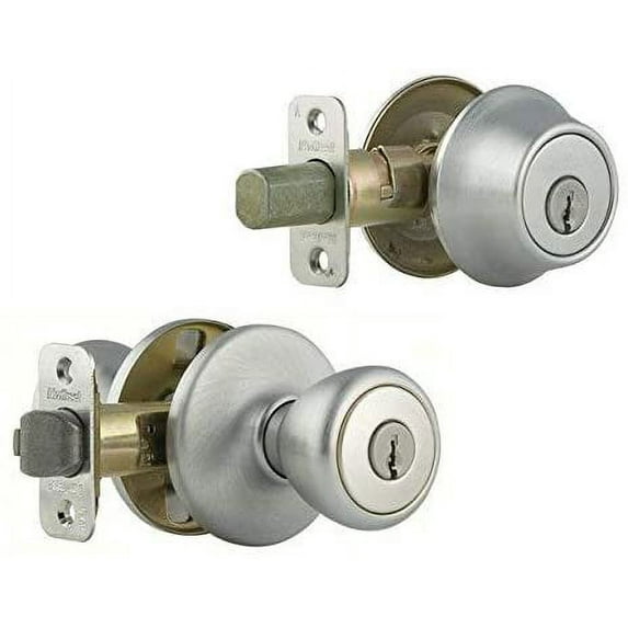 Kwikset 96900-252 Satin Chrome Adjustable Entry Knob With Single Cylinder Deadbolt 2 Piece Pack