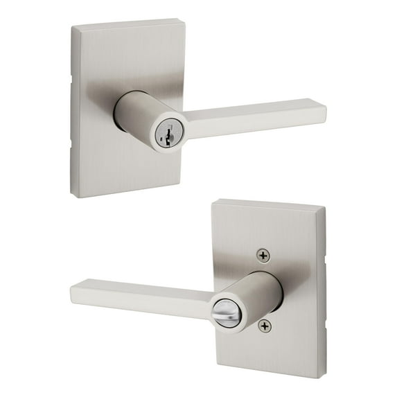 Kwikset Halifax Entry Door Handle with Lock and Key, Secure Keyed Reversible Lever Exterior, for Front Entrance and Bedrooms, Satin Nickel, Pick Resistant Smartkey Rekey Security and Microban