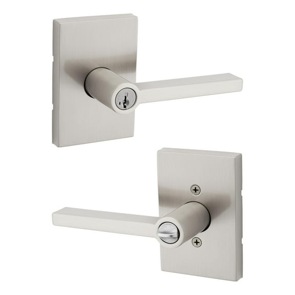 Kwikset Halifax Entry Door Handle with Lock and Key, Secure Keyed Reversible Lever Exterior, for Front Entrance and Bedrooms, Satin Nickel, Pick Resistant Smartkey Rekey Security and Microban