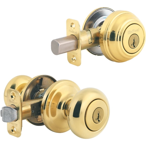 Kwikset Juno Keyed Front Door Knob and Deadbolt Set, Entry Knob Combo Project Pack Exterior with Interior Door Knob, Polished Brass, Pick Resistant SmartKey Rekey Deadbolt Security
