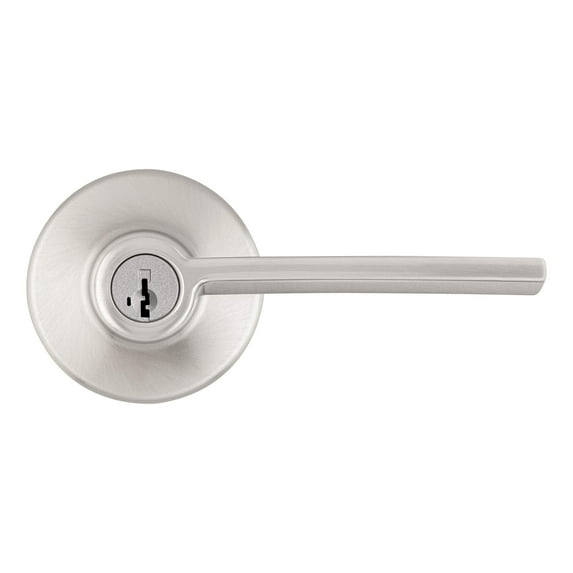 Kwikset Ladera Entry Door Handle with Lock and Key, Secure Keyed Reversible Lever Exterior, For Front Entrance and Bedrooms, Satin Nickel, Pick Resistant Smartkey Rekey Security and Microban