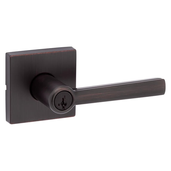 Kwikset Montreal Keyed Entry Lever Door Handle Set with Square Rose featuring Smart Key Security in Venetian Bronze