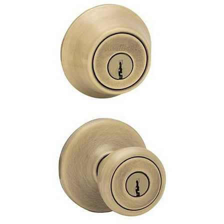 Kwikset Tylo 695 Entry Knob and Double Cylinder Deadbolt Doorknob Steel with Antique Brass