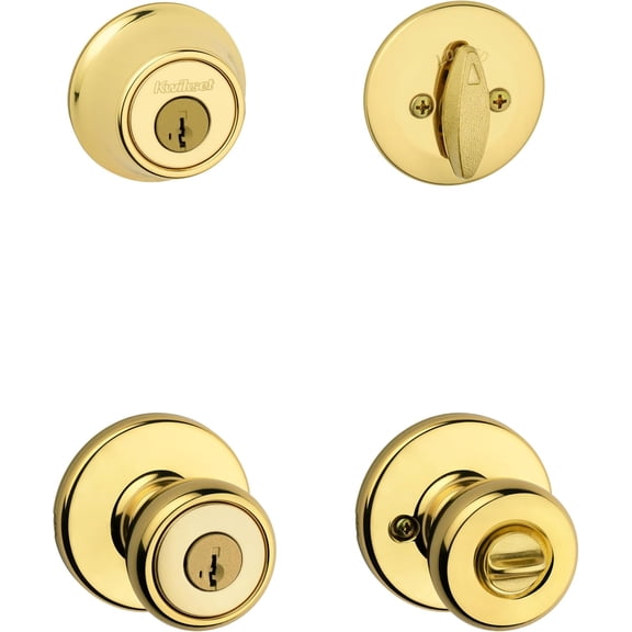Kwikset Tylo Front Door Lock Handle and Deadbolt Set, Entry Handleset Exterior with Interior Knob, Polished Brass, Pick Resistant SmartKey Rekey Security