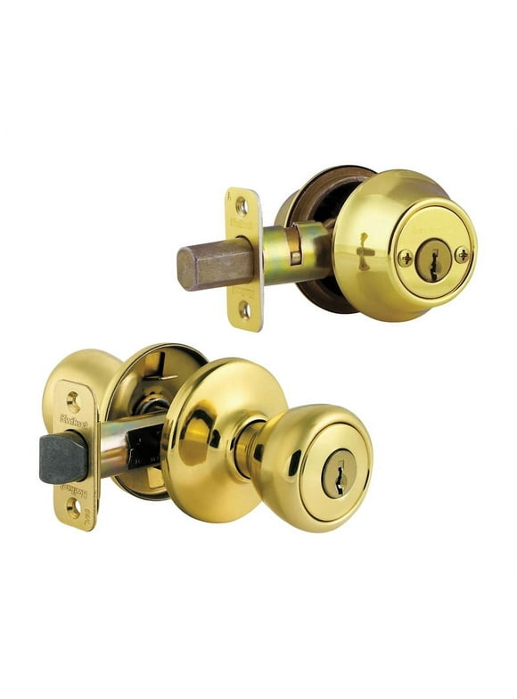 Kwikset Tylo Polished Brass Entry Lock and Double Cylinder Deadbolt ANSI/BHMA Grade 3 1-3/4"