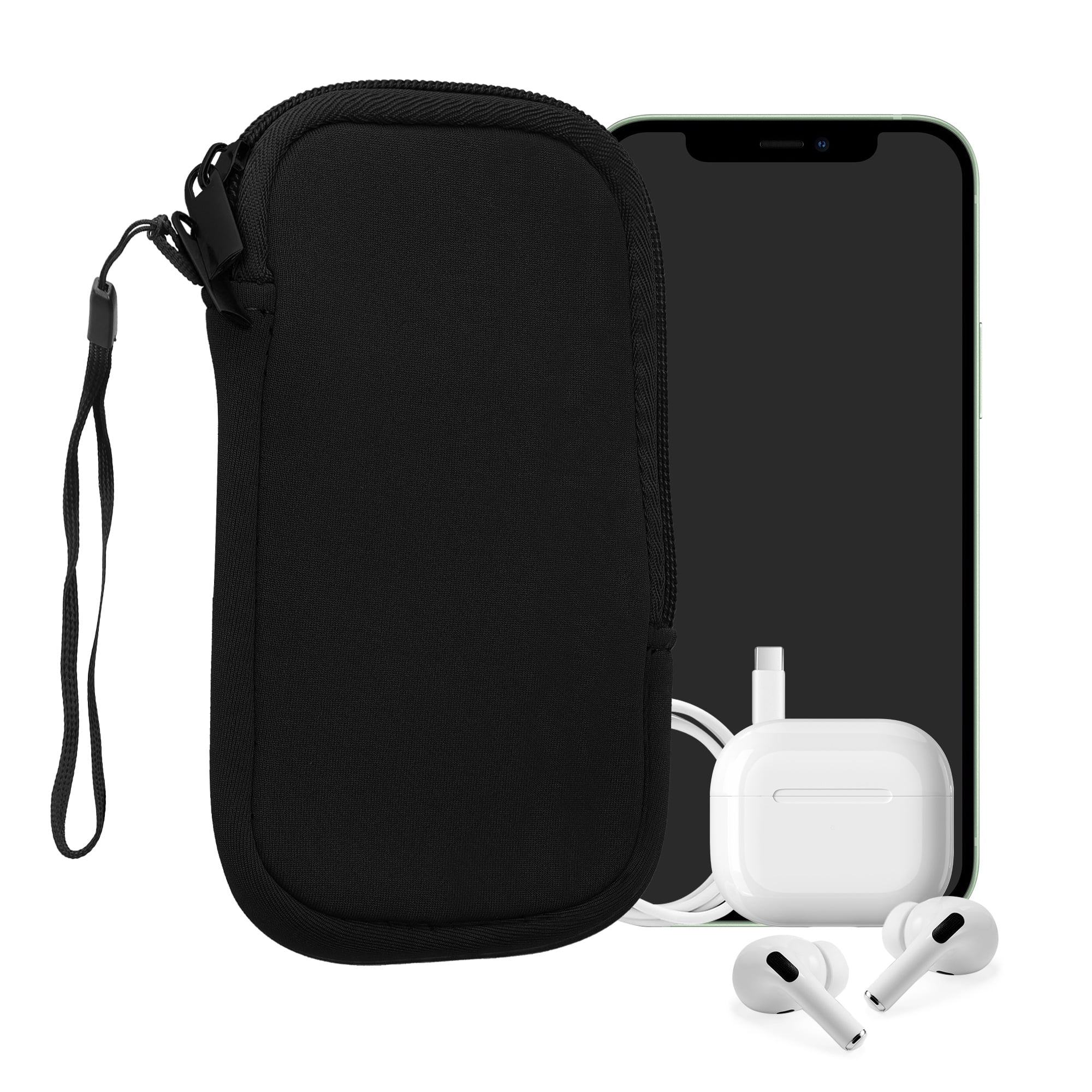Kwmobile Neoprene Phone Pouch Case - Small Size (4.5") - Universal Cell Sleeve with Zipper, Wrist Strap - Black