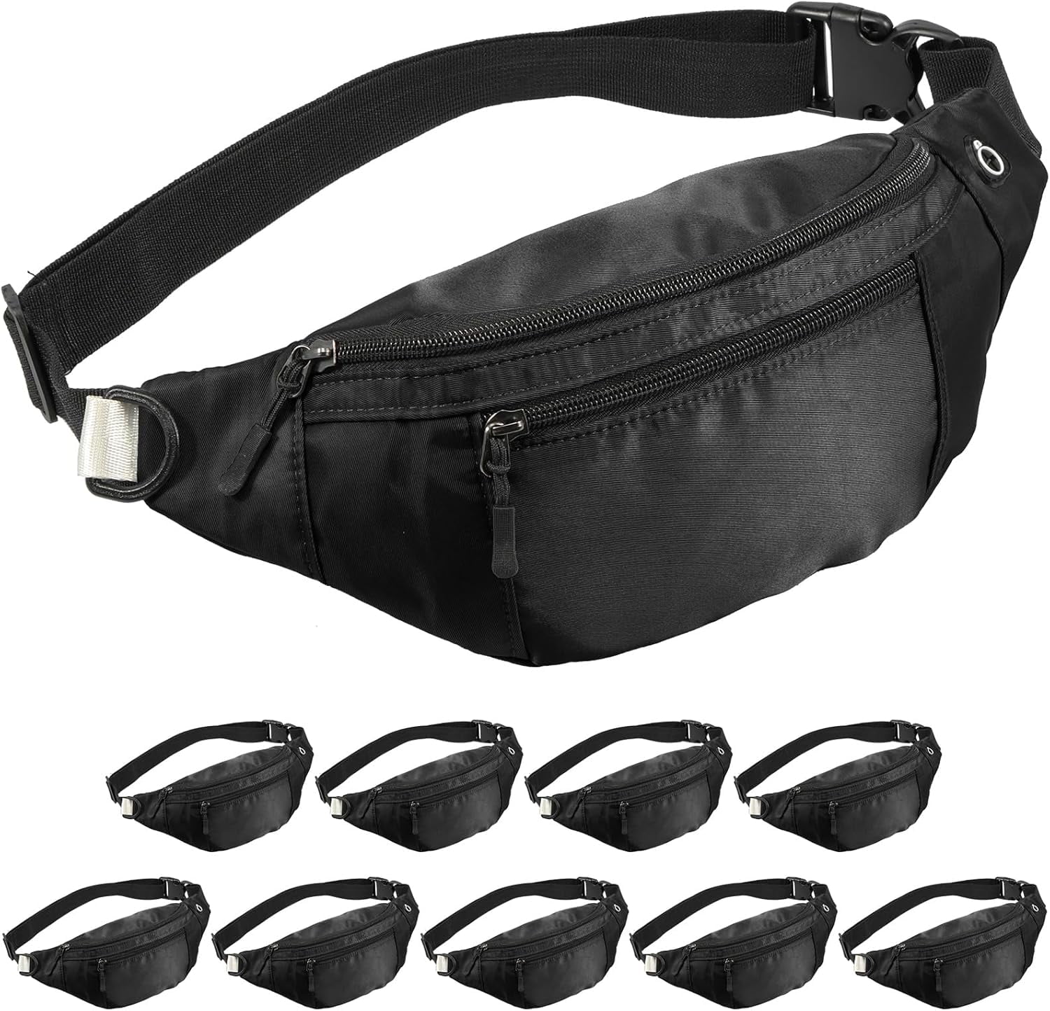 Kwuty 10PCS Crossbody Fanny Pack Large Capacity Waist Bag with Hidden Zipper Pockets Adjustable Strap Fanny Packs Waterproof Oxford Cloth Travel Belt Bag for Outdoor Shopping Travel Men Women,Black