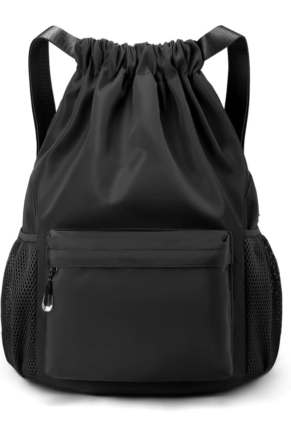 Black Drawstring Backpack for Women, Waterproof Drawstring Gym Bag for Men, Small Cinch Sack for Basketball, Pull String Sport Bag for Soccer.
