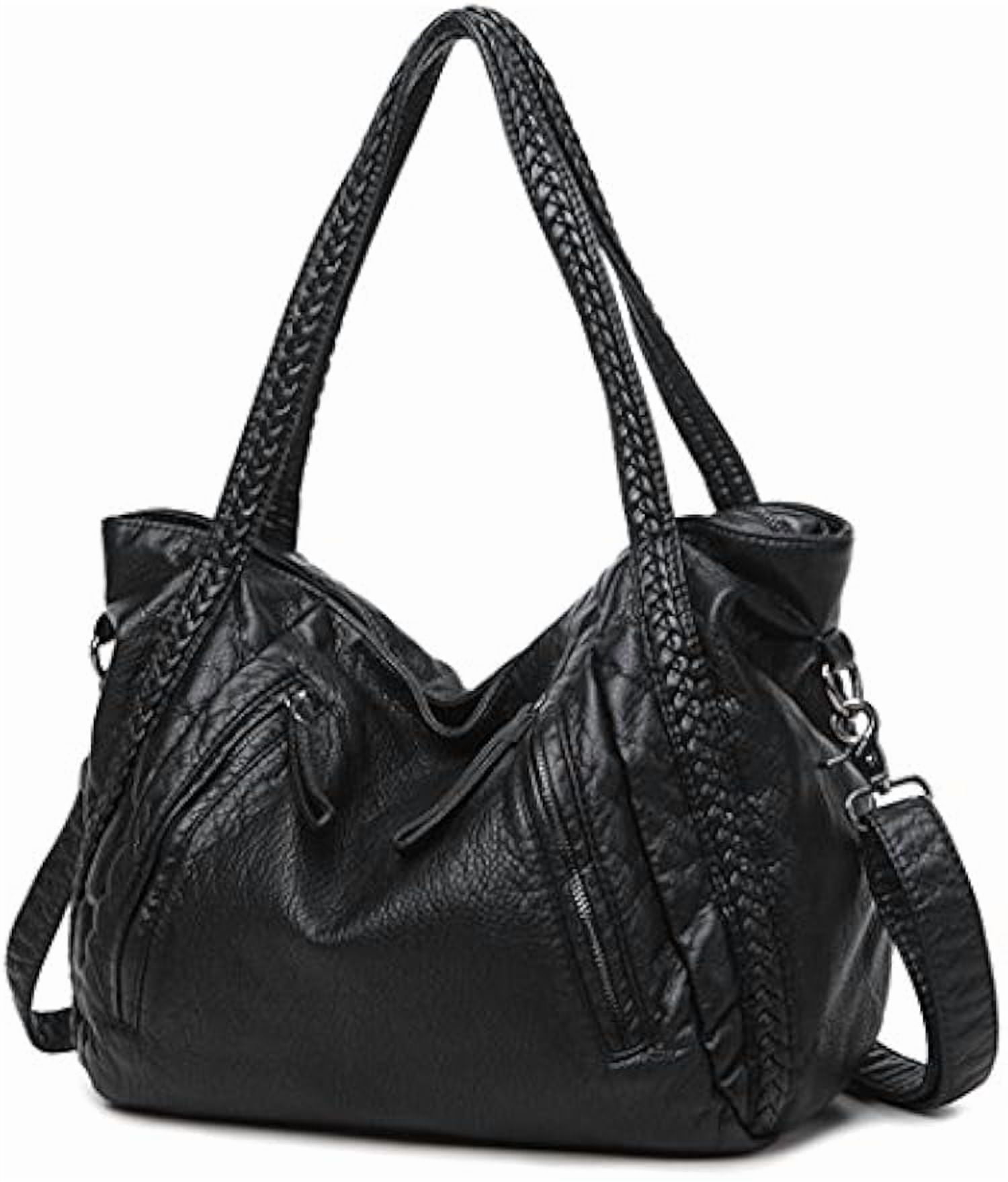 Kwuty Black Soft Leather Shoulder Purses for Women Large Size Tote Handbags Slouchy Hobo Bags Big Capacity Trendy Shoulder Purse