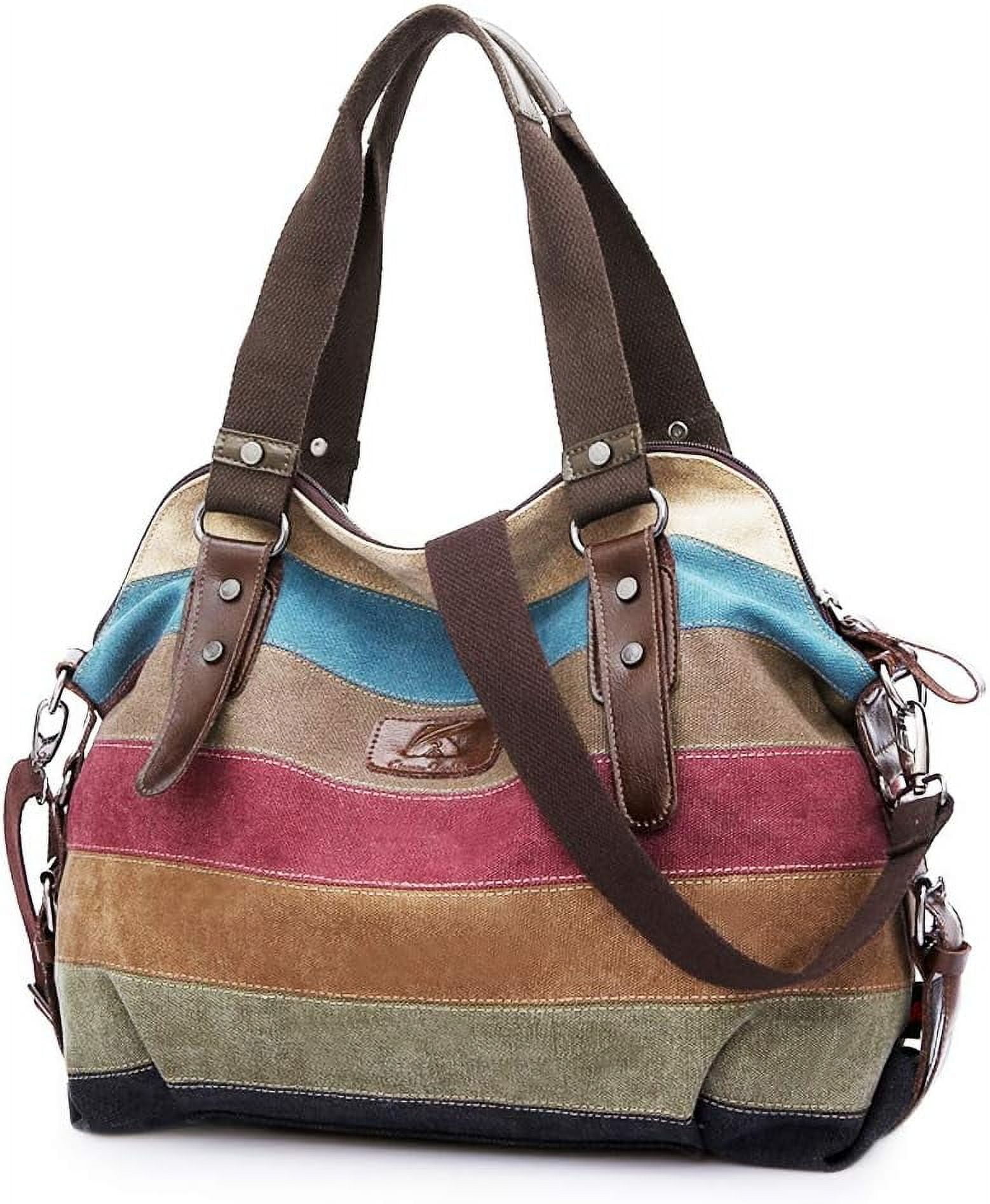 Kwuty Canvas Handbag Multi-Color Striped Lattice Cross Body Shoulder Purse Bag Tote-Handbag for Women