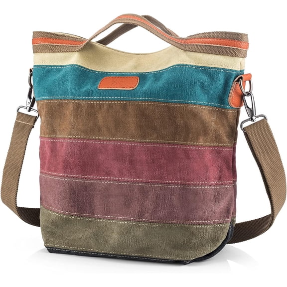 Kwuty Canvas Handbag Multi-Color Striped Lattice Cross Body Shoulder Purse Bag Tote-Handbag for Women