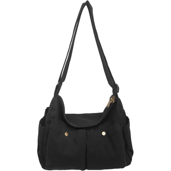 Kwuty Canvas Messenger Bag Cute Crossbody Tote Bag Shoulder for Women Men for School Aesthetic Hobo with Multiple Pockets（Black）