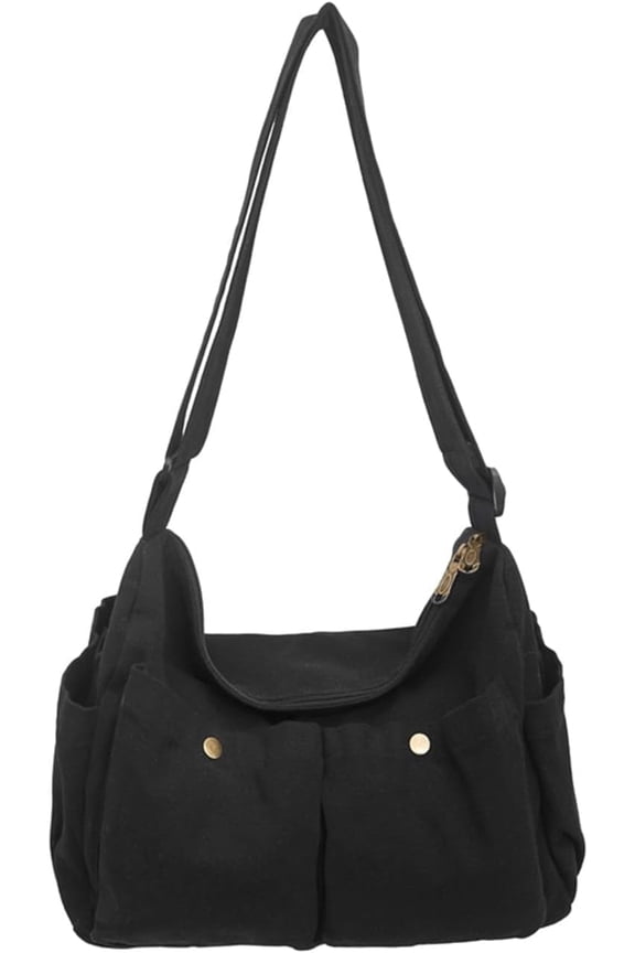 Canvas Messenger Bag Cute Crossbody Tote Bag Shoulder for Women Men for School Aesthetic Hobo with Multiple Pockets(Black)