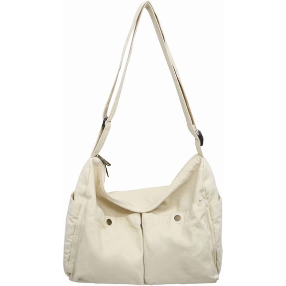 Kwuty Canvas Messenger Bag Cute Crossbody Tote Bag Shoulder for Women Men for School Aesthetic Hobo with Multiple Pockets（Beige）
