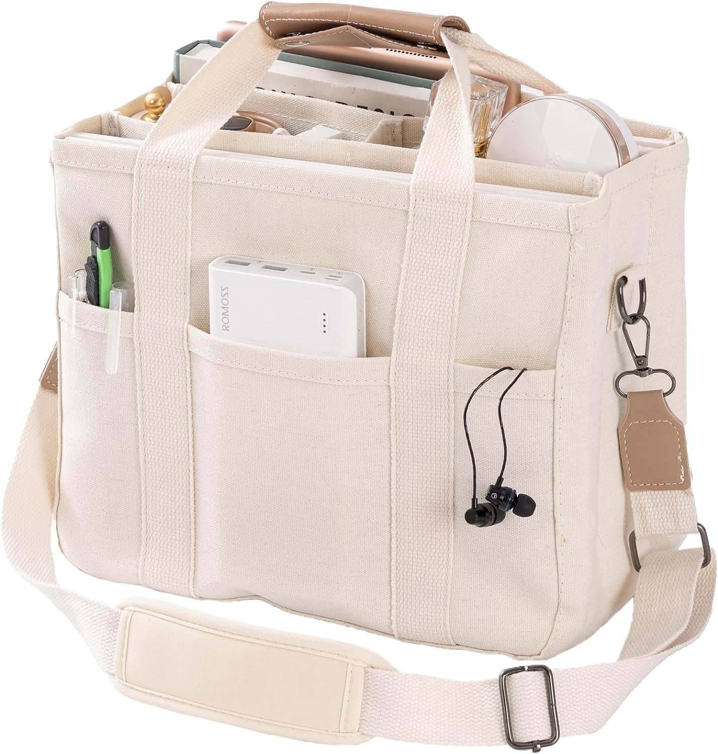 Kwuty Canvas Tote Bag with Multi Pockets Crossbody Tote Bag for Women Bible Handbag Everything Tote Bags with Compartments