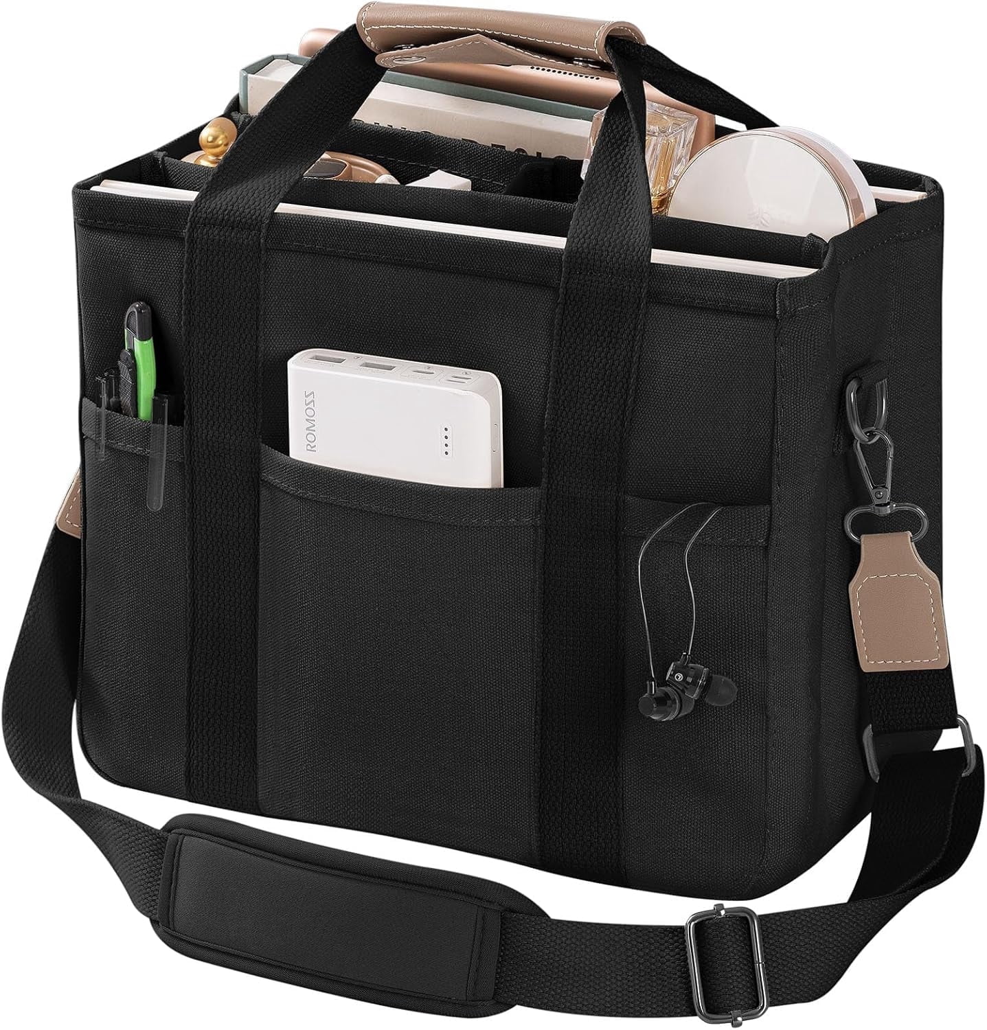 Kwuty Canvas Tote Bag with Multi Pockets Crossbody Tote Bag for Women Bible Handbag Everything Tote Bags with Compartments