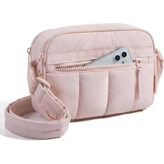Kwuty Cross Body Purse, Mini Crossbody Bags for Women Travel Purse, Puffy Shoulder Handbag Wallet with RFID Blocking Slots（Pink-Small）