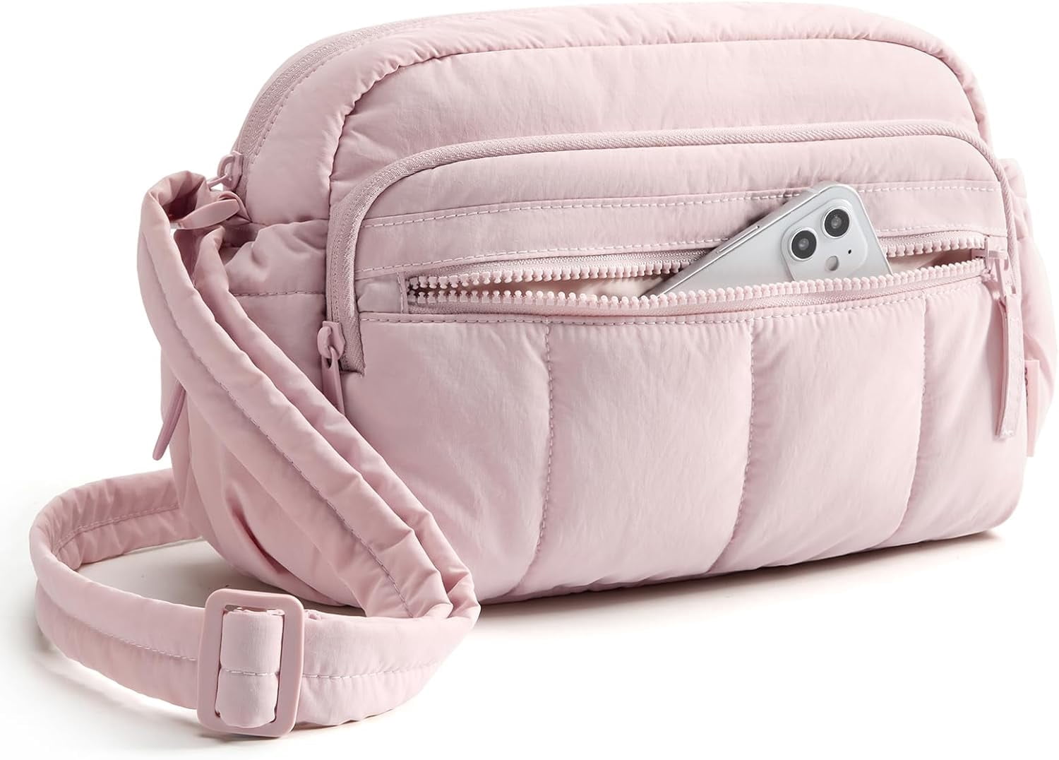Kwuty Cross Body Purse, Mini Crossbody Bags for Women Travel Purse, Puffy Shoulder Handbag Wallet with RFID Blocking Slots（Pink-Large）