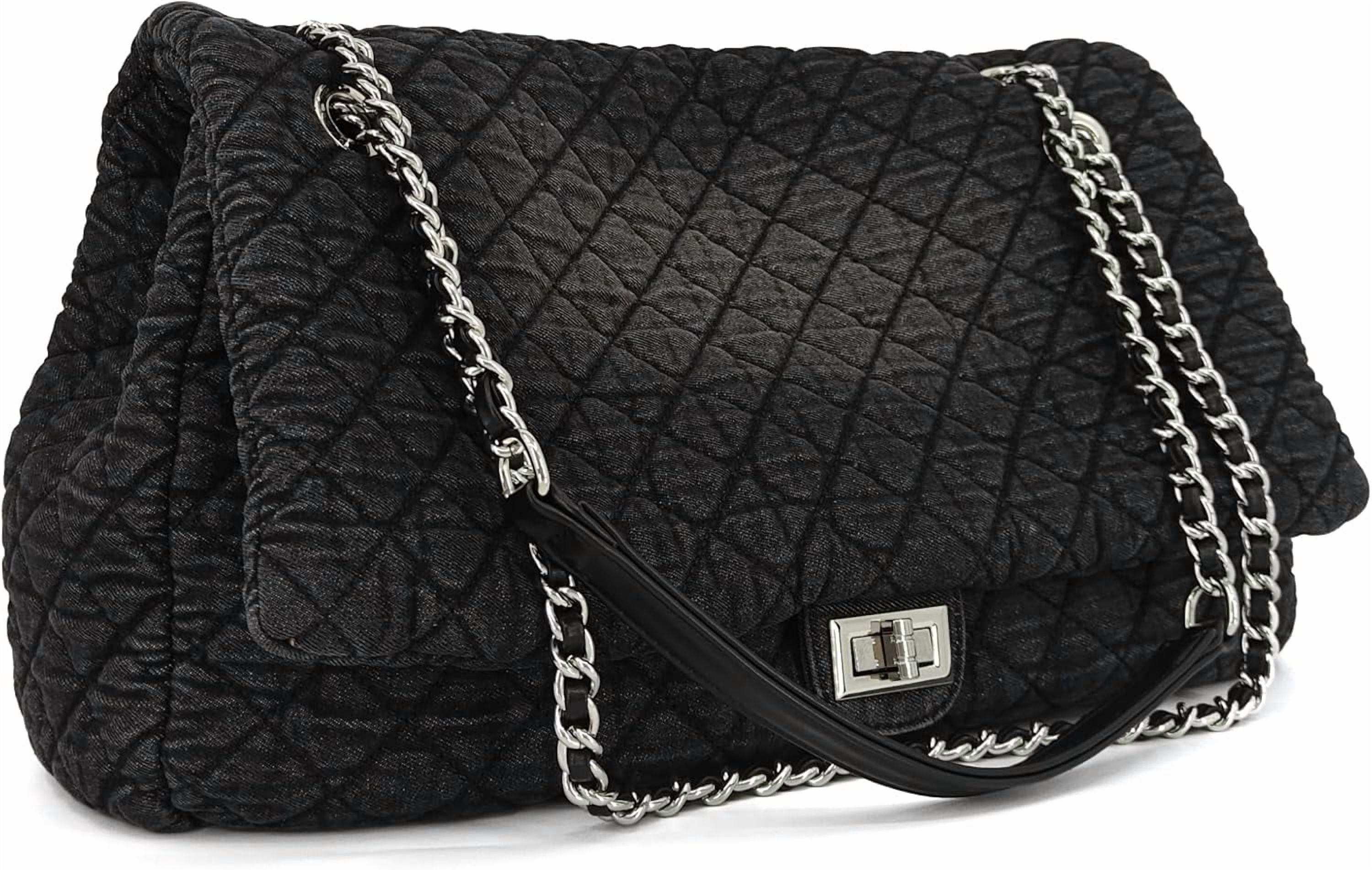 Kwuty Extra Large Quilted Denim Purse,Oversize Shoulder Bags for Women, Crossbody Flap Hobo Tote Bag,Chain Strap Jean Purse