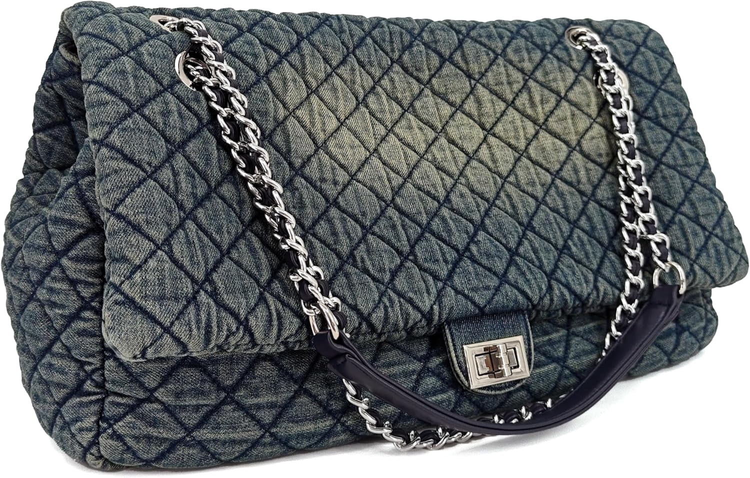 Kwuty Extra Large Quilted Denim Purse,Oversize Shoulder Bags for Women, Crossbody Flap Hobo Tote Bag,Chain Strap Jean Purse