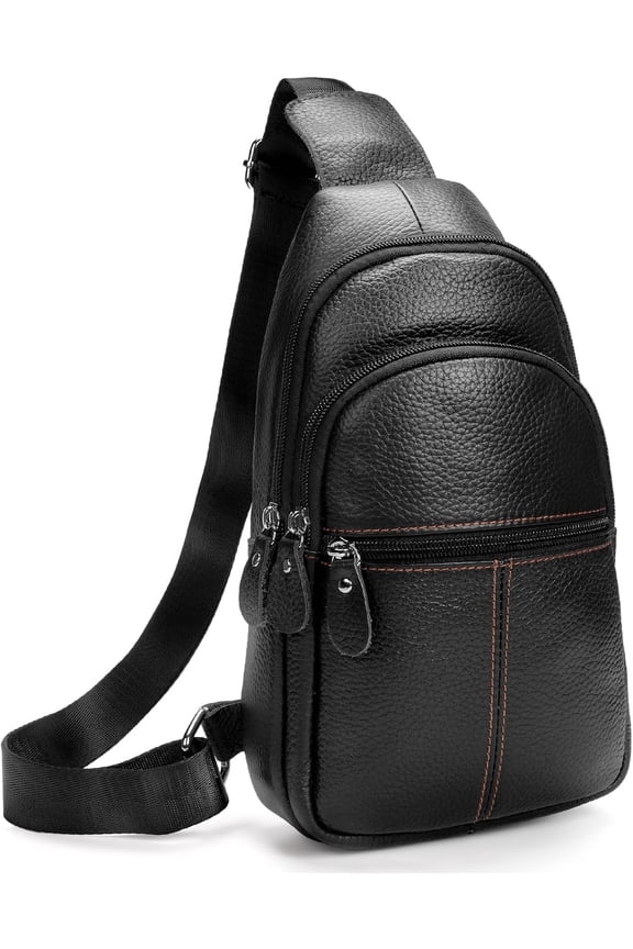 Genuine Leather Sling Crossbody Bag,Fashion Chest,Casual Shoulder Bag for Men Women Work Travel Cycling(Black)