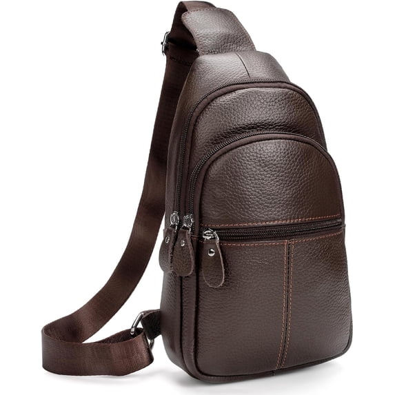 Kwuty Genuine Leather Sling Crossbody Bag,Fashion Chest,Casual Shoulder Bag for Men Women Work Travel Cycling(Brown)