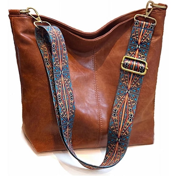 Kwuty Hobo Bags Vegan Leather Crossbody Bag Guitar Strap Shoulder Purses with Zipper Handbags for Women（Brown）