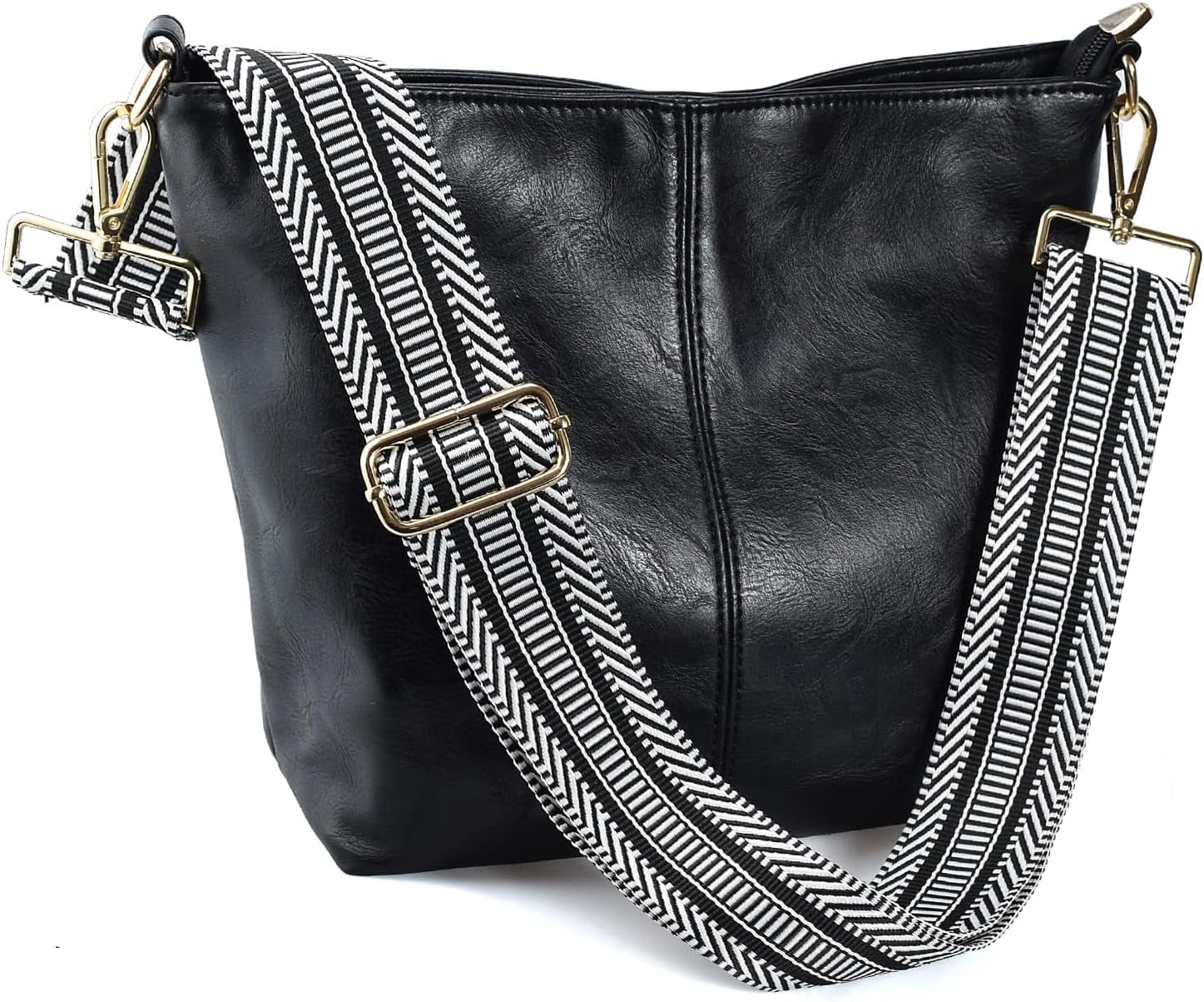 Kwuty Hobo Bags Vegan Leather Crossbody Bag Guitar Strap Shoulder Purses with Zipper Handbags for Women（Black）