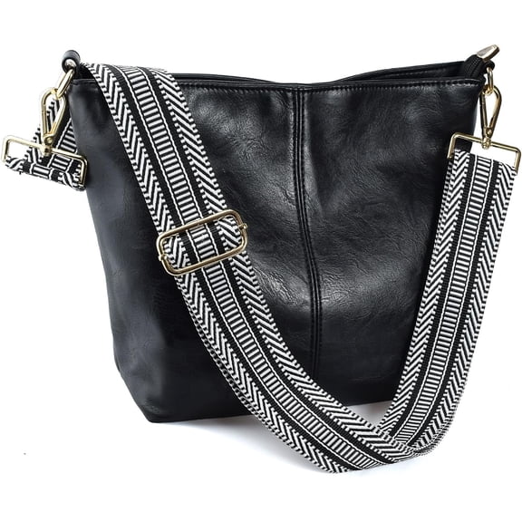 Kwuty Hobo Bags Vegan Leather Crossbody Bag Guitar Strap Shoulder Purses with Zipper Handbags for Women（Black）