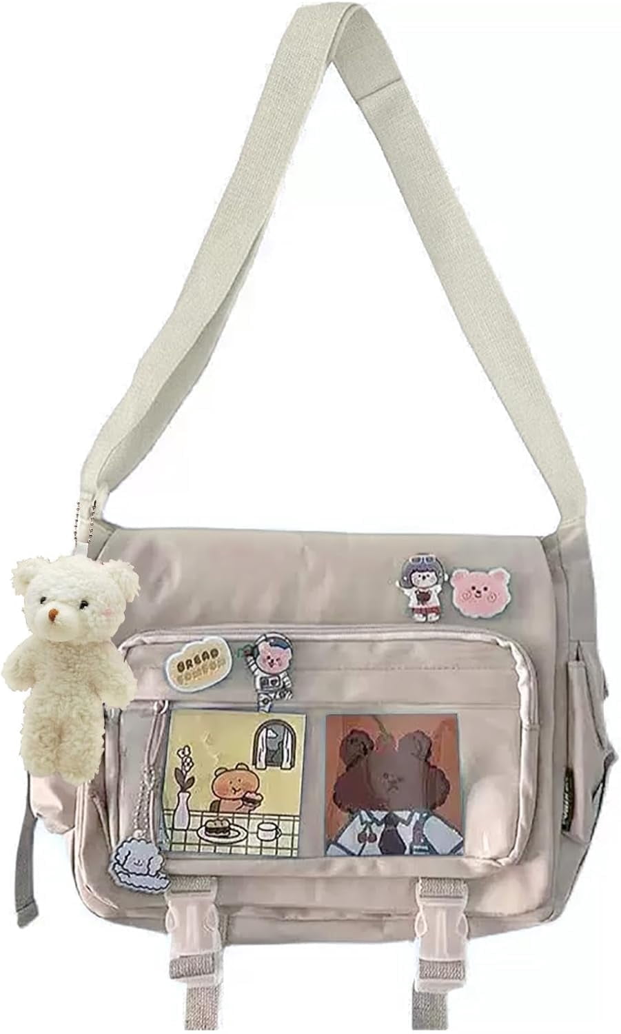 Kwuty Kawaii Crossbody Ita Bag for Women with Pin & Plush Bear - Japanese Messenger Bags Y2K Shoulder Purse（Beige）