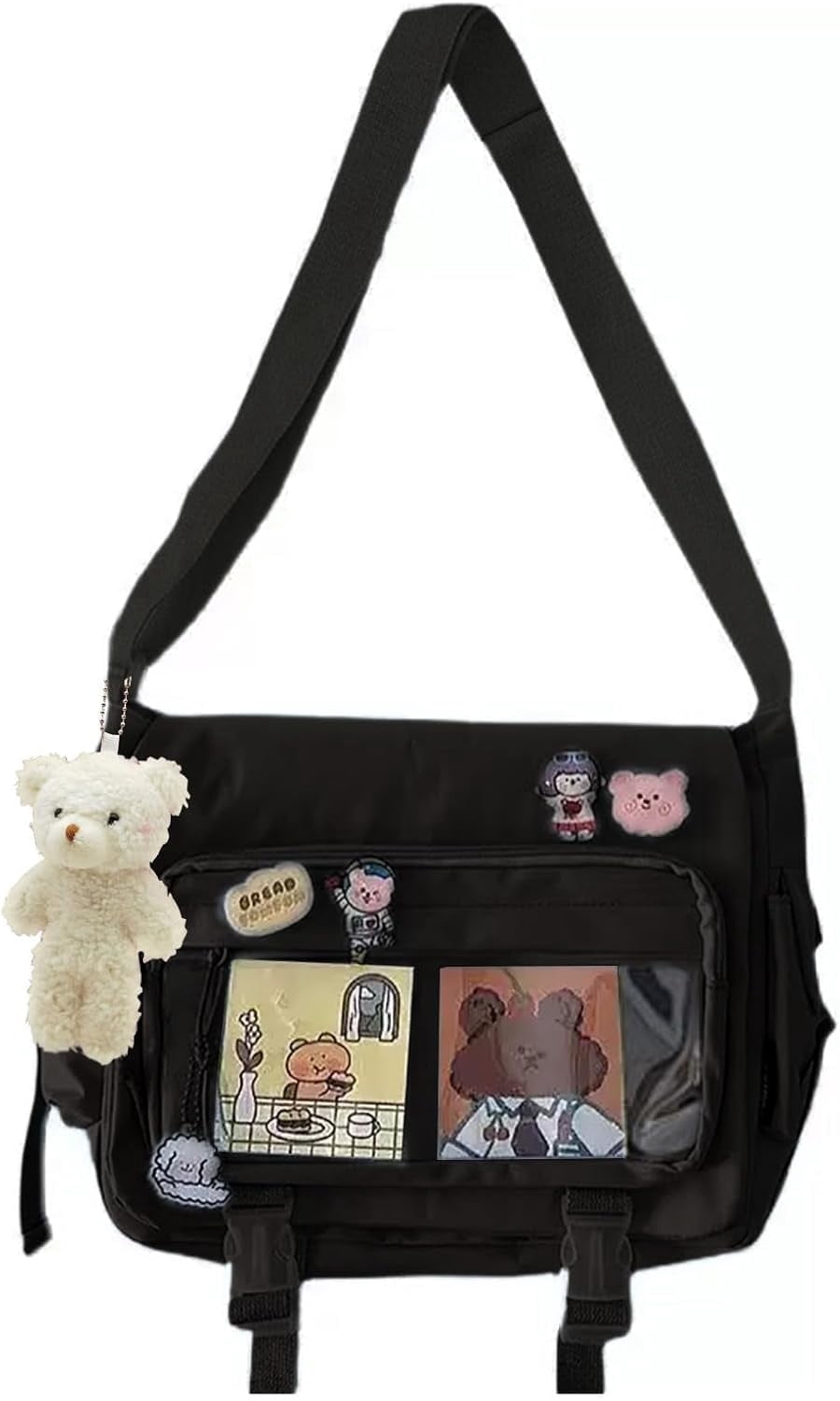 Kwuty Kawaii Crossbody Ita Bag for Women with Pin & Plush Bear - Japanese Messenger Bags Y2K Shoulder Purse（Black）