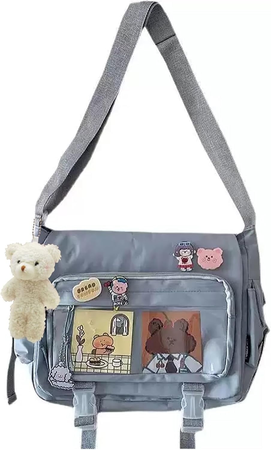 Kwuty Kawaii Crossbody Ita Bag for Women with Pin & Plush Bear - Japanese Messenger Bags Y2K Shoulder Purse（Blue）
