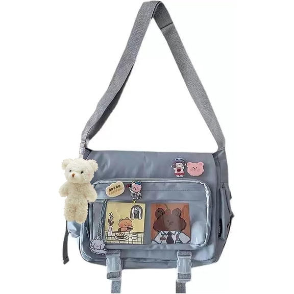 Kwuty Kawaii Crossbody Ita Bag for Women with Pin & Plush Bear - Japanese Messenger Bags Y2K Shoulder Purse（Blue）