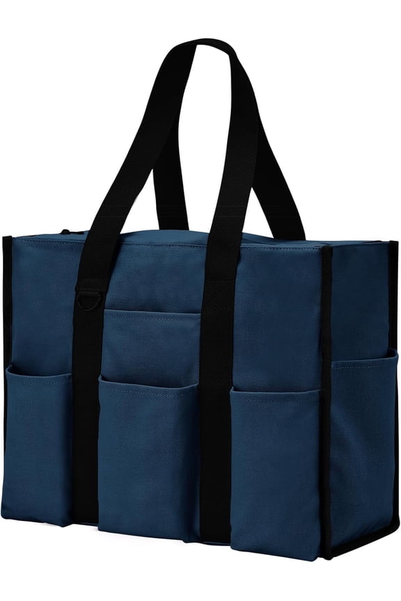 Large Tote Bag for Women Waterproof with 12 Pockets Top Zipper Closure Utility Teacher Nurse Bags for Work School(Dark Blue)