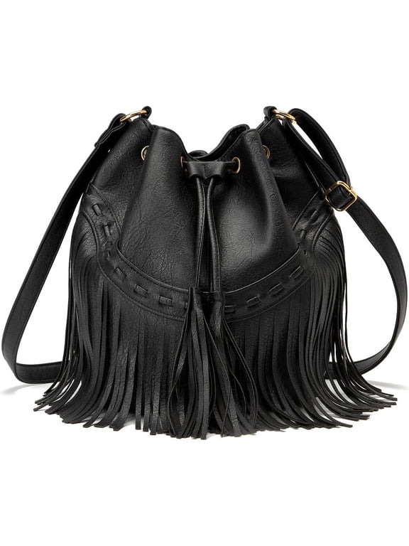 Leather Bucket Bags for Women Crossbody Fringe Purses with Drawstring Ladies Tassel Hobo and Shoulder Handbags