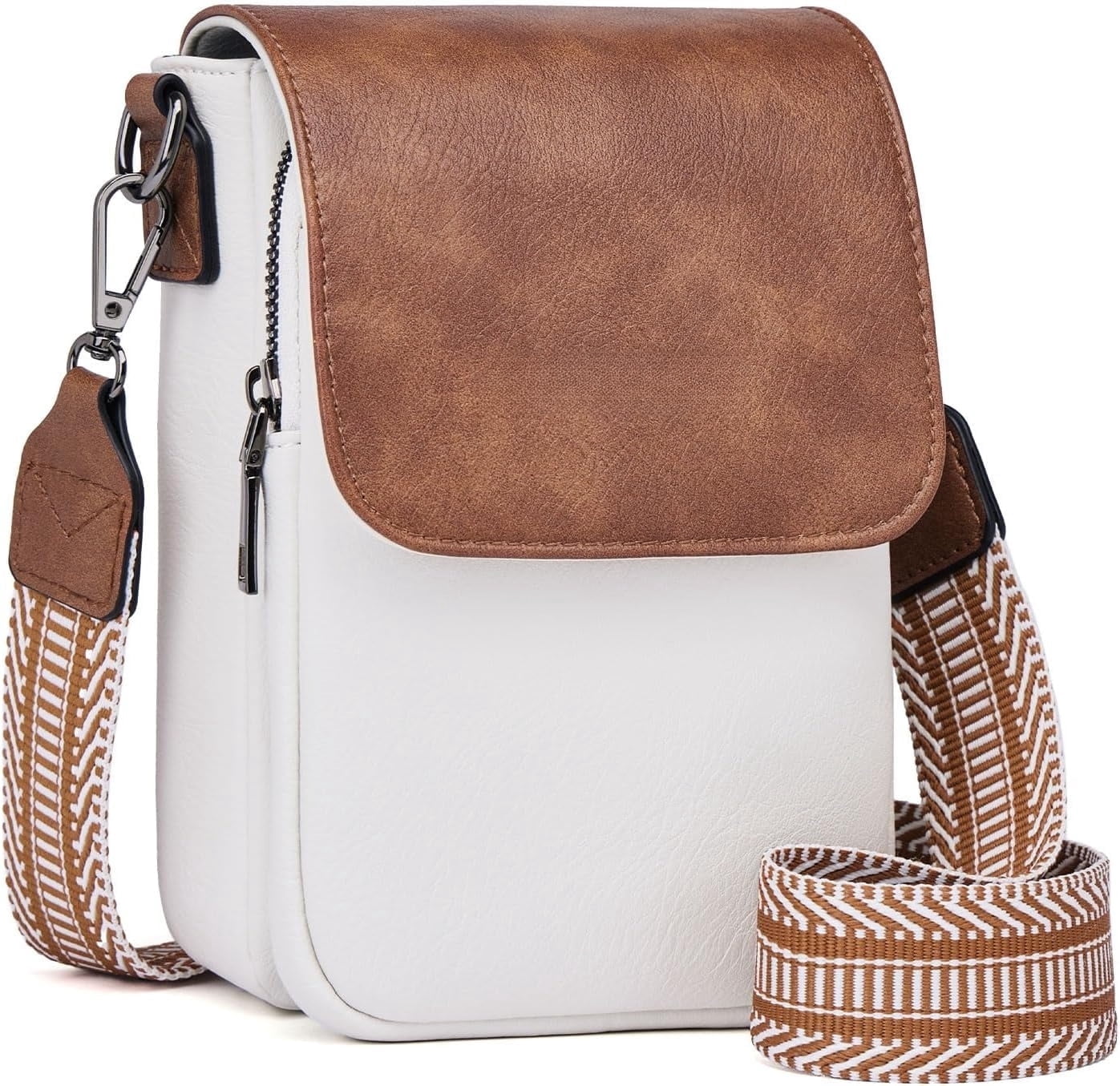 Kwuty Small Crossbody Bags for Women Trendy,Leather Triple Compartment Cell Phone Crossbody Wallet Purses with Card Slots（Beige+brown）