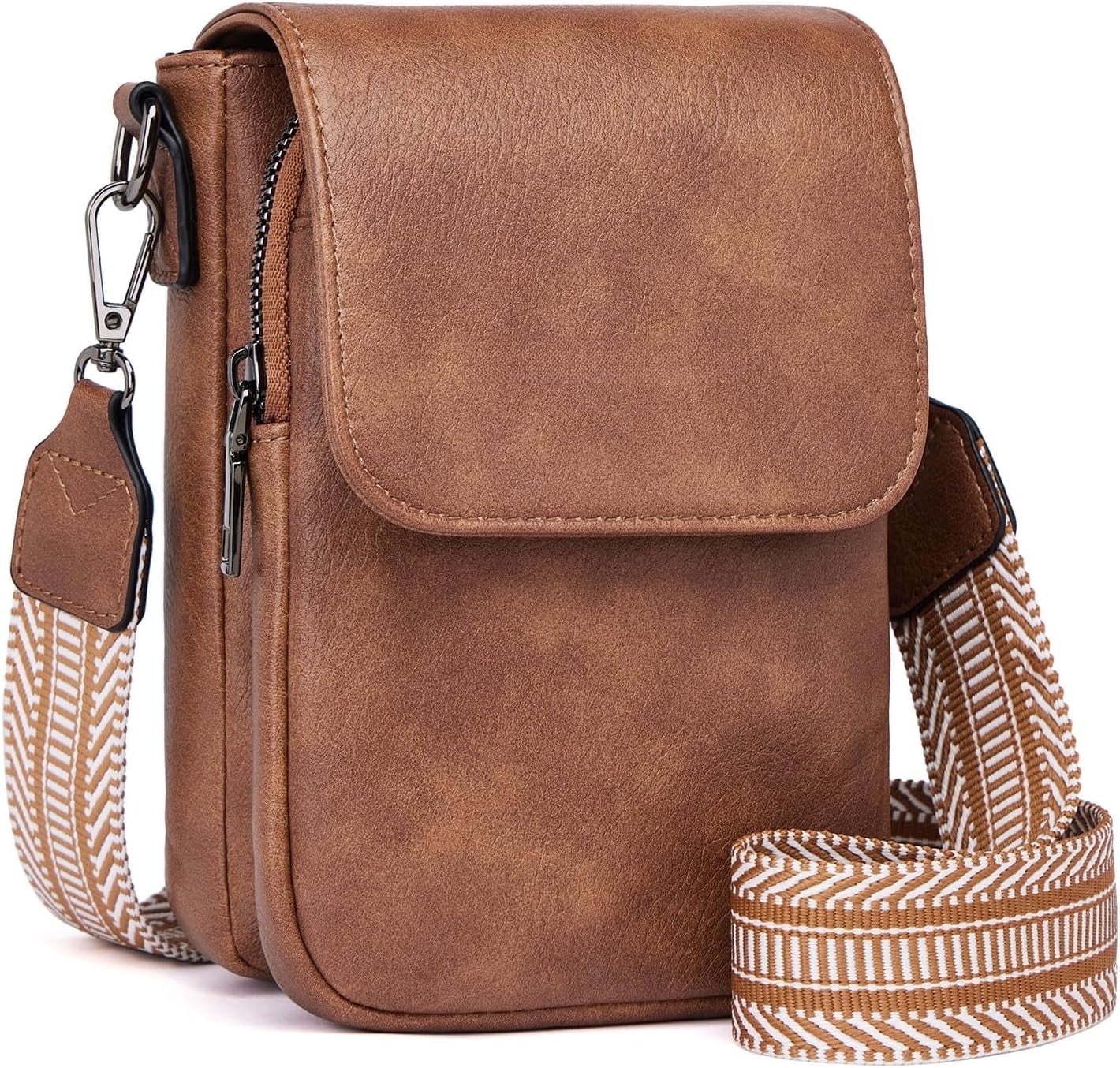 Kwuty Small Crossbody Bags for Women Trendy,Leather Triple Compartment Cell Phone Crossbody Wallet Purses with Card Slots（Brown）
